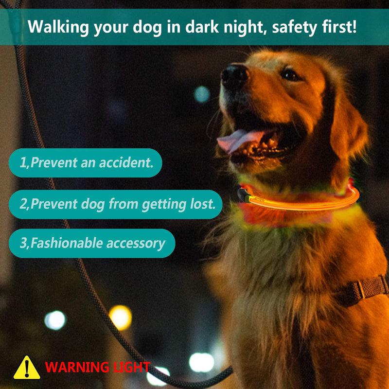 GeeRic LED Dog Collar, USB Rechargeable, Glowing Pet Dog Collar for Night Safety, Fashion Light up Collar for Small Medium Large Dogs Neon Orange - PawsPlanet Australia