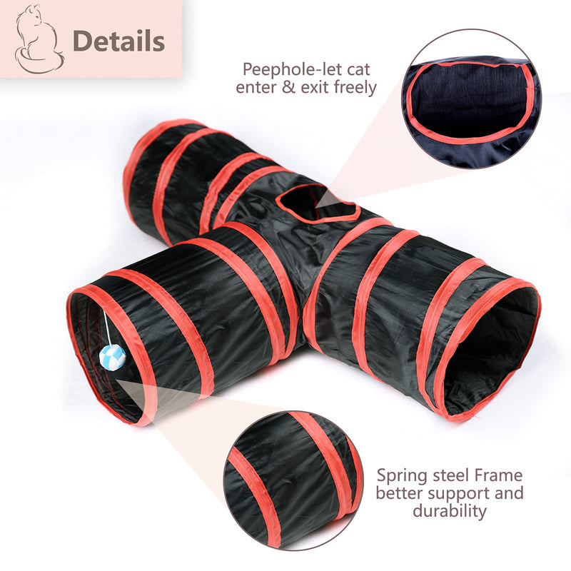 Alicedreamsky Cat Tunnel, Collapsible Tube with 1 Play Ball Kitty Toys, 3 Ways Cat Tunnels for Indoor Cats, Puppy, Kitty, Kitten, Rabbit Black & Red - PawsPlanet Australia