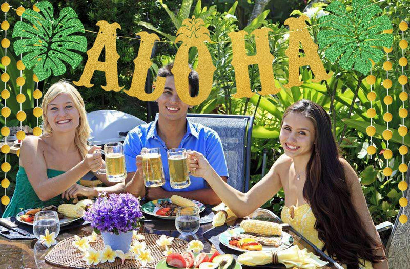 TMCCE Hawaiian Aloha Party Decorations Large Gold Glittery Aloha Banner for Luau Party Supplies Favors - PawsPlanet Australia