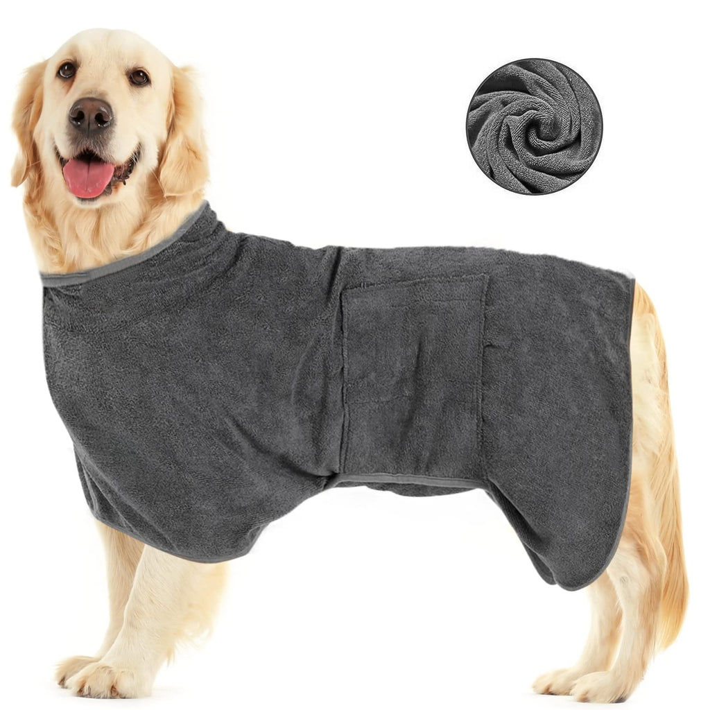 AmazeFun dog bathrobe microfiber, with Velcro fastener, quick-drying bath towel, very absorbent, with adjustable straps, suitable for large and medium-sized dogs, gray XL - PawsPlanet Australia
