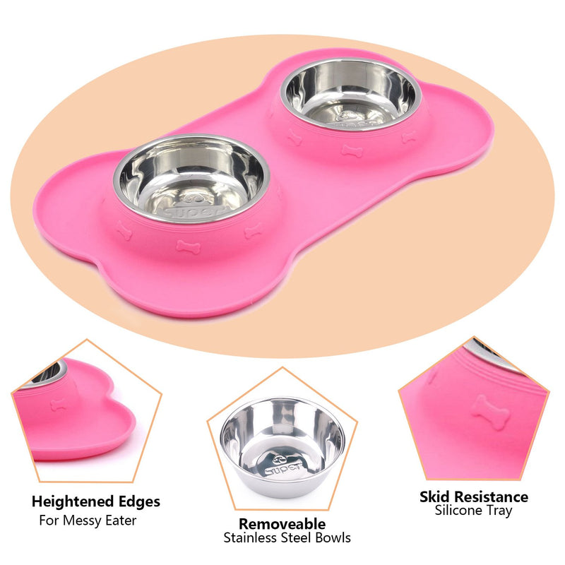 [Australia] - Super Design Double Bowl Pet Feeder Stainless Steel Food Water Bowls with No Spill Silicone Mat for Dogs Cats Small Pink 