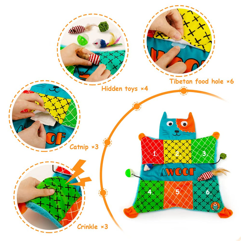 AWOOF Cat Mat, Cute Soft Catnip Mat, Cat Activity Mat Machine Washable Cat Blanket for Small Medium Large Cats with 7 Pockets, Crinkle Paper Self-Warming Kitty Carpet Interactive Catnip Toys - PawsPlanet Australia