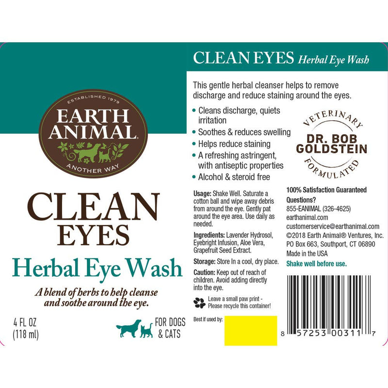 Earth Animal Herbal Topical Remedies Clean Eyes Eye Wash for Dogs & Cats, 4 oz. Bottle - PawsPlanet Australia