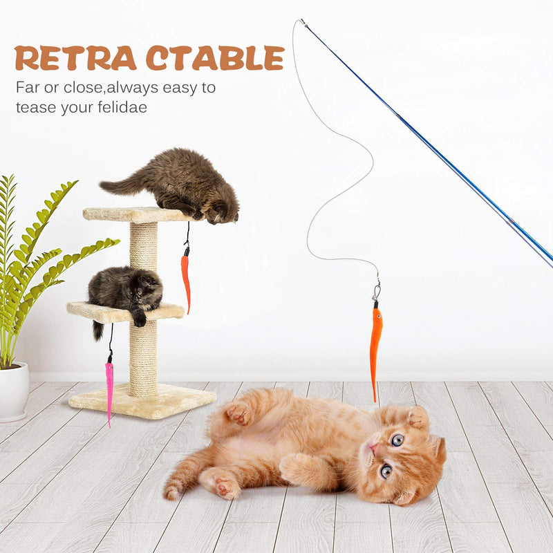 [Australia] - Retractable Cat Toys Wand with 5 Piece Teaser Refills, Interactive Cat Feather Toy for Cat Kitten Having Fun Exerciser Playing Blue 