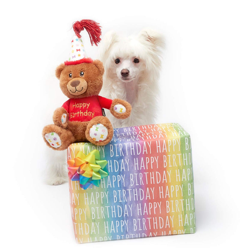 PET LONDON Happy Birthday Bear Dog Toy - Present to Celebrate Dog's Bday or Adoption - Soft Plush Teddy Gift for Dog or Pup with Embroidered Birthday Message, Squeaky, Stylish Great Animal Gift - PawsPlanet Australia