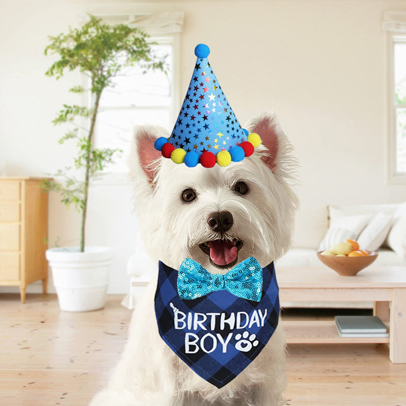 STMK Dog Birthday Party Supplies, Dog Birthday Bandana Boy Girl and Dog Birthday Party Hat with Dog Bow Tie Collar for Medium Large Dogs (Blue, Large) Blue L - PawsPlanet Australia