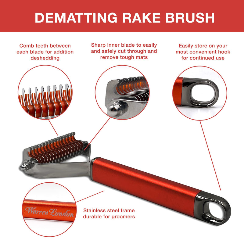 Warren London Dematting Rake Dog Brush for Dematting & Shedding | Premium Undercoat Rake for Dogs | Cat Brush for Long Haired Cats Deshedding Tool | Skin Friendly Rounded Edge Dematting Tool for Dogs | Ergonomic Handle - PawsPlanet Australia