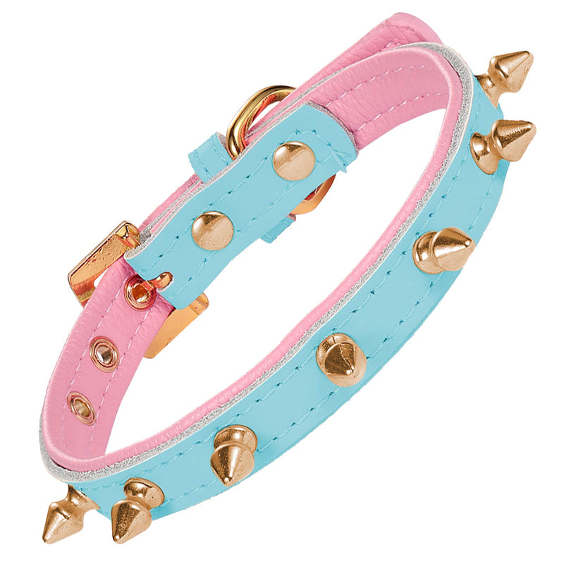 LOVPE Dog Collar/Cat Collar Golden Spiked Studded Double layer Leather Pet Collars with Golden Rhinestone Buckle for Puppy Cats Small Medium Dogs (S, Blue/Pink) S - PawsPlanet Australia