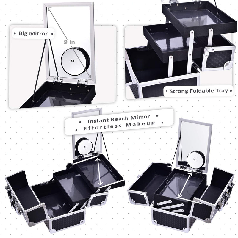 Joligrace Makeup Box Vanity Case Cosmetic Organiser Case Beauty Box with Mirror and Magnification(5X) Spot Mirror, Black - PawsPlanet Australia