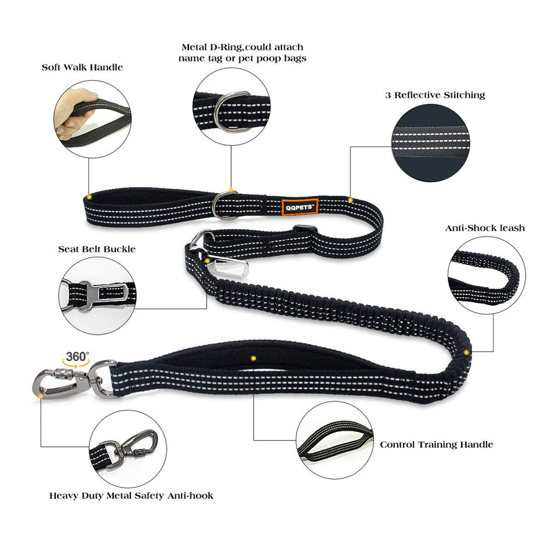 Dog Leash Traffic Car Seat Belt Padded Two Handles , 3-5 FT Heavy Duty Reflective Rope Control Safety Training Walking , Shock Absorbing Bungee Leash for Small Medium Large Dogs Black - PawsPlanet Australia