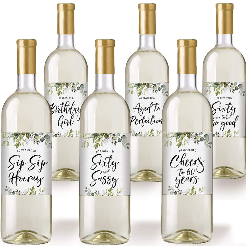 60th Greenery Birthday Wine Labels, Set of 6 Waterproof Labels, Birthday Gifts For Her, 60th Birthday Party Decorations, Ideas and Supplies - PawsPlanet Australia