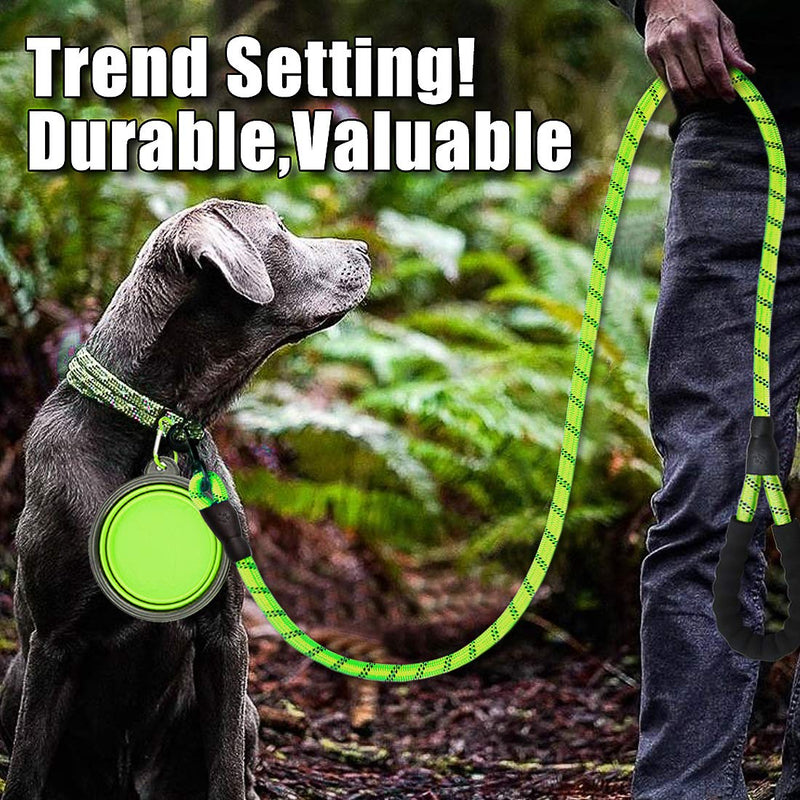 [Australia] - DOYOO Dog Leash 6 FT Thick Durable Nylon Rope - Comfortable Padded Handle - Highly Reflective Threads - Dog Leashes for Medium and Large Dogs with Collapsible Pet Bowl Set 4-Black+Green 