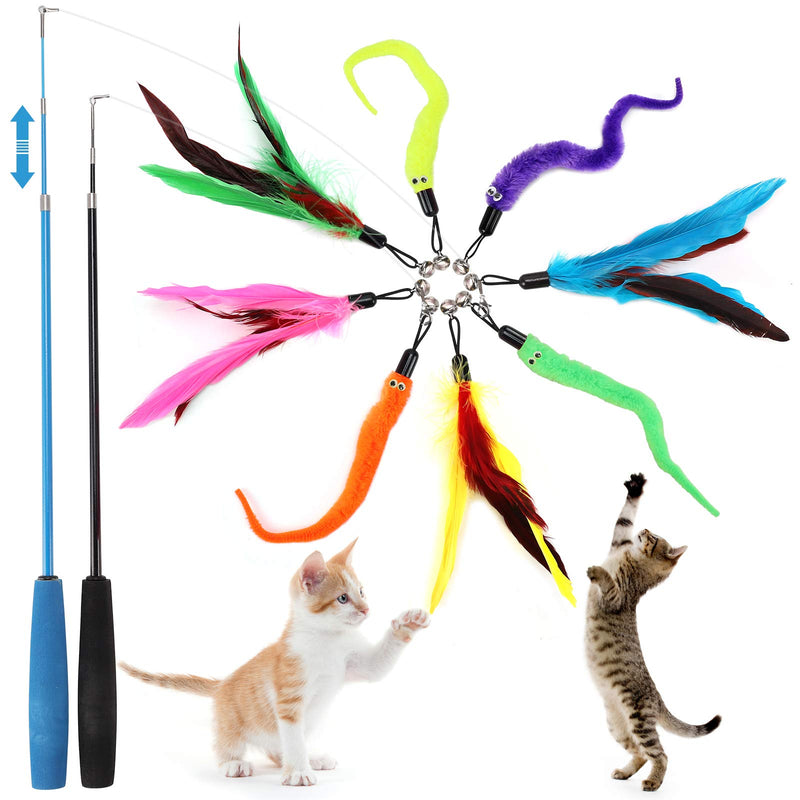 NASHRIO Cat Feather Toys, 2 Interactive Retractable Cat Teaser Wand with 8 Refills with Bells and Feather Activity Toys to Exercise Cats and Kittens - PawsPlanet Australia