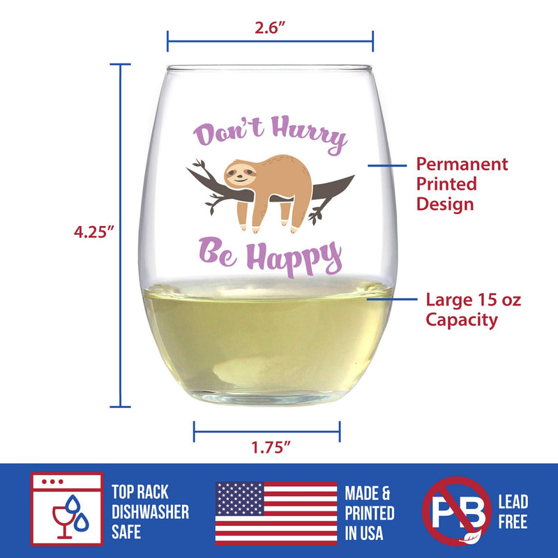 Don't Hurry Be Happy - Cute Funny Sloth Stemless Wine Glass for Women - Sloths Birthday Gifts & Party Decor - Large Multi Color - PawsPlanet Australia
