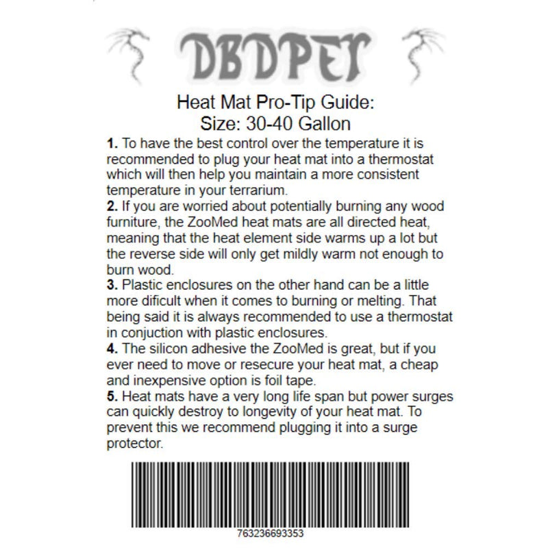 DBDPet ReptiTherm 30-40 Gallon (8x12) Heat Mat - with Attached 5 Point Pro-Tip Guide - Reptile Heat Mat… - PawsPlanet Australia