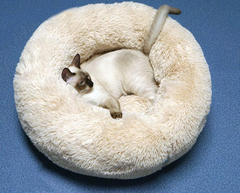 BODISEINT Modern Soft Plush Round Pet Bed for Cats or Small Dogs, Mini Medium Sized Dog Cat Bed Self Warming Autumn Winter Indoor Snooze Sleeping Cozy Kitty Teddy Kennel (S(19.7”Dx7.9 H, Champagne) S(19.7"Dx7.9"H) - PawsPlanet Australia