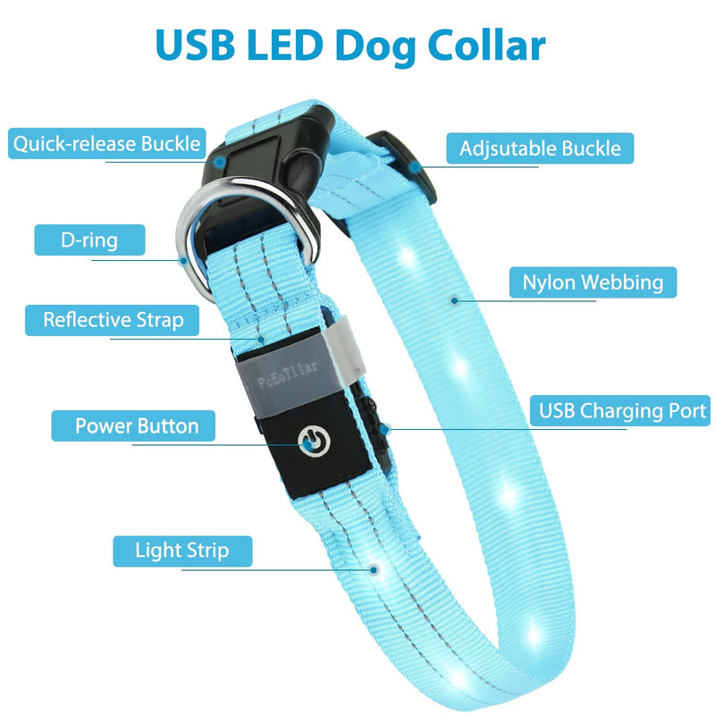 Dog Collar Luminous Collar Waterproof Light Up LED Dog Collar USB Rechargeable Flashing Reflective Dog Collars Adjustable Super Bright for Large Medium Small Dogs, Blue-S S (28-40cm, 2cm) - PawsPlanet Australia