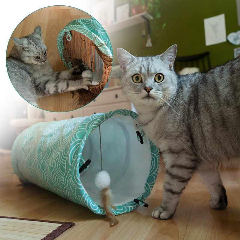 Navaris Cat Tunnel Toy - Indoor and Outdoor Hideout Tube with Ball Toy - Pet Play Tunnel for Cats, Kittens, Rabbits with Soft Fleece and Print Design Turquoise - PawsPlanet Australia