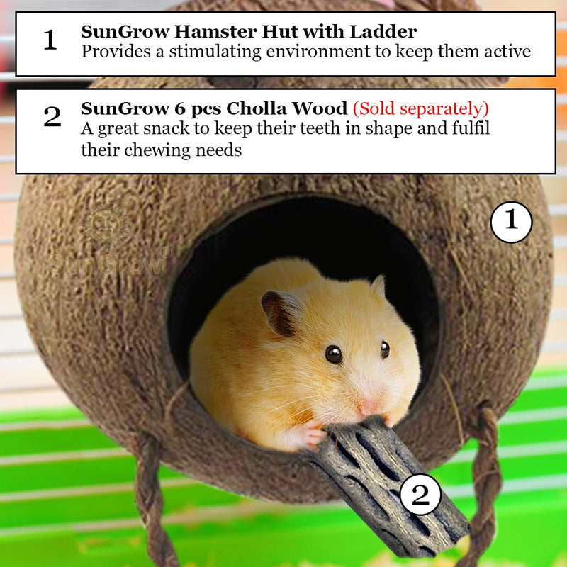 [Australia] - SunGrow Hamster House with Ladder, 5.1-inches (Shell Diameter) 2.4-inches (Opening Diameter), Nesting Home and Feeder, Raw Coconut Husk, Durable Habitat with Hanging Loop 