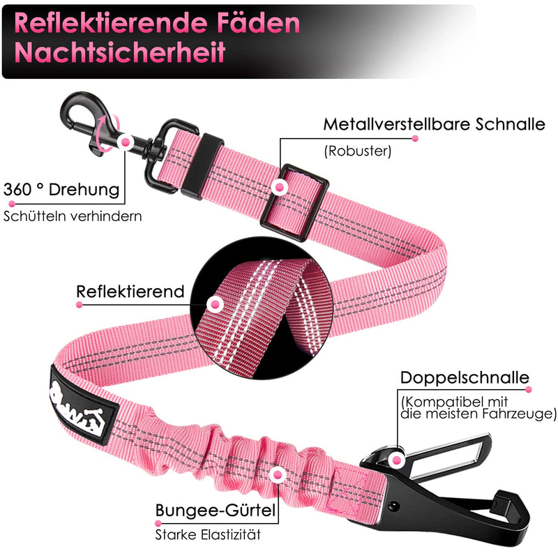 Eyein dog seat belt, 3 in 1 seat belt dog car with reflective elastic nylon bungee, dog seat belt for all dog breeds and car seats trunk, 90 cm (pink) 90 cm (62-90 cm) pink - PawsPlanet Australia