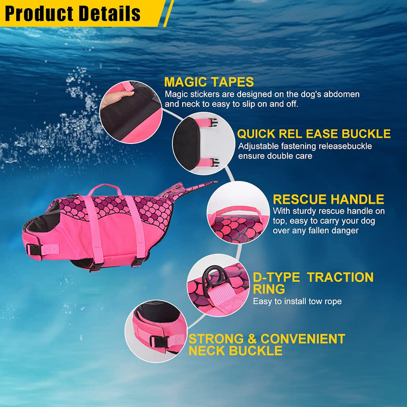 Dog Life Jacket, Mermaid Hot Pink, Ripstop Pet Floatation Vest Saver Swimsuit Preserver for Water Safety at The Pool, Beach, Boating - PawsPlanet Australia
