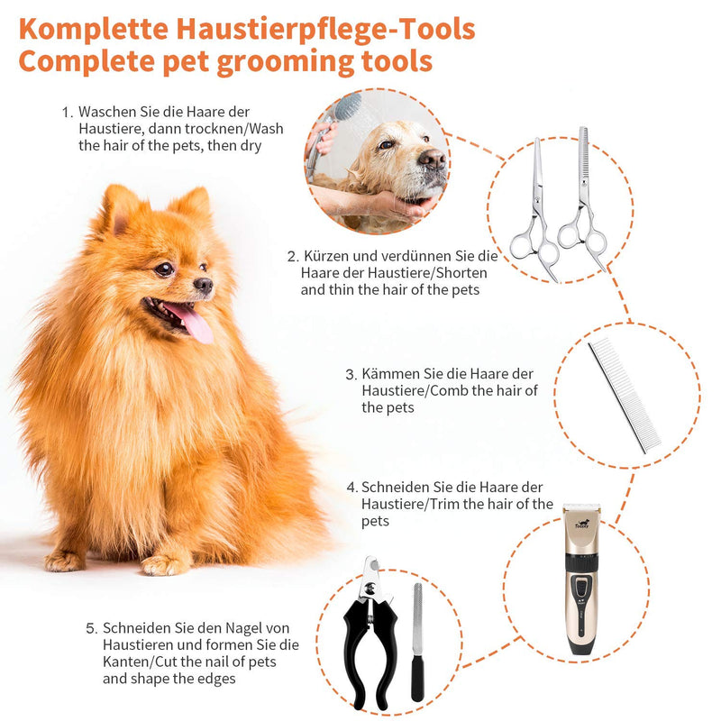 Toozey Quiet Clipper Dog and Cat for Thick/Long/Short/Curly Hair - Rechargeable Wireless Pet Hair Trimmer - Professional Hair Clipper Care Set for All Pets (Golden) Golden - PawsPlanet Australia