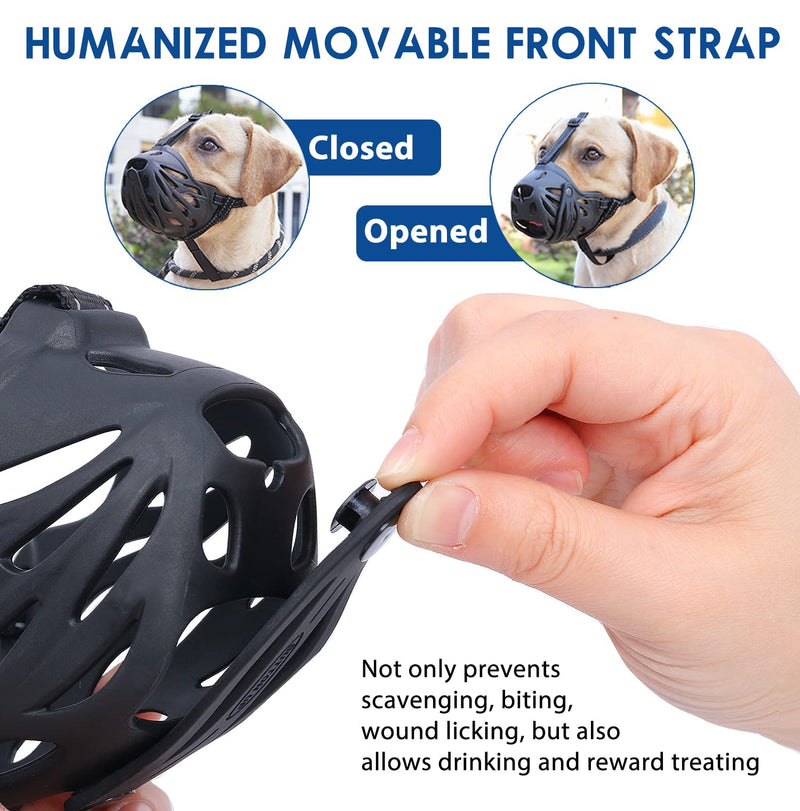 Dog Muzzle with Movable Front Strap for Biting Chewing Scavenging and Wound Licking, Humane and Soft Basket Muzzle for Small Medium Large Dogs, Allows Panting and Drinking Black #2 (Snout 5.7-7") - PawsPlanet Australia