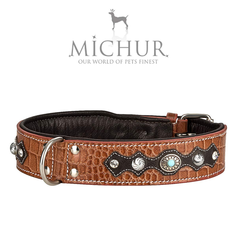 MICHUR LAKOTA Leather Dog Collar, Dog Collar, BROWN, LEATHER, BLUE STONES WITH ROUND RIVETS Neck circumference 24.02-26.97" - PawsPlanet Australia