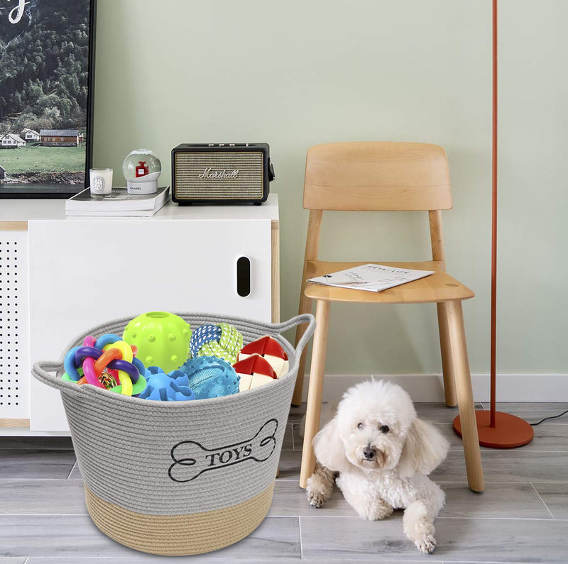 Durable Cotton rope dog toy storage, large dog bin, pet organizer, laundry basket - Perfect for organizing pet toys, blankets, leashes, clothing and any doggie stuff Gray Khaki - PawsPlanet Australia
