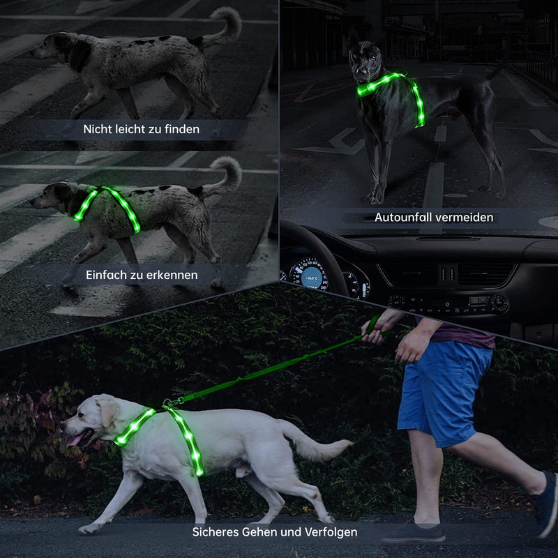 KOSKILL LED Dog Harness Rechargeable Illuminated Dog Harness Glows in the Dark LED Dog Vest Reflective Dog Lights for Night Walks Green M - PawsPlanet Australia