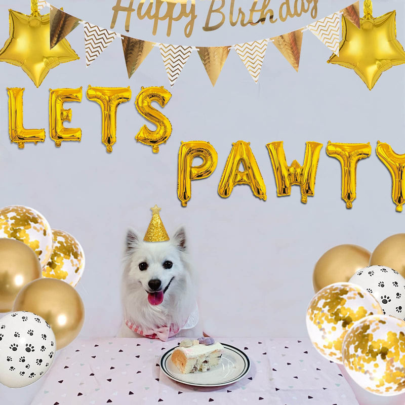 Dog Birthday Party Supplies,Dog Birthday Hat Dog Birthday Banner Triangular Bunting 12”Paw Print Balloon 16” Lets Pawty Balloon for Pet Boy/Girl Party Accessories Outfit Dog Birthday Decorations(Gold) Gold - PawsPlanet Australia