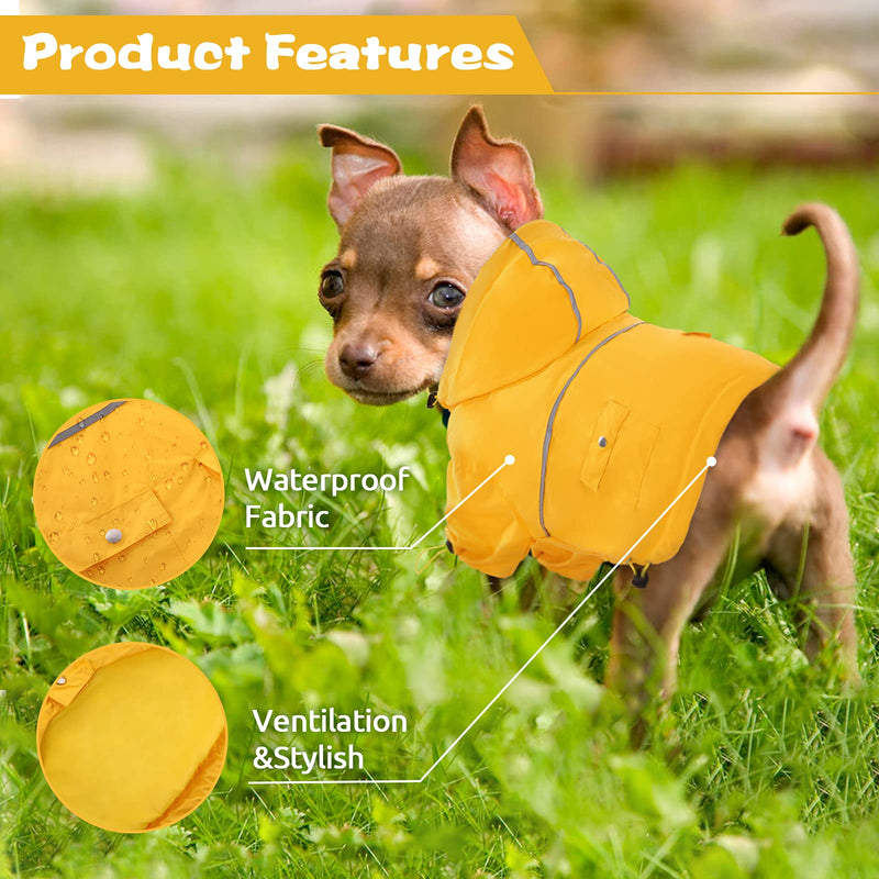 Kuoser Waterproof Dog Rain Coat with Removable Hood, Reflective Puppy Rain Jacket Packable Dog Poncho with D-ring & Pocket, Lightweight Pet Slicker Rainwear for Small Medium Dogs Cats S---Chest Girth: 17.7"/45cm Yellow - PawsPlanet Australia