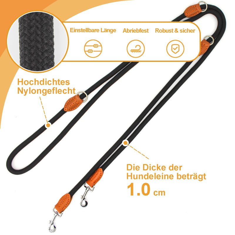 Dog Lead Double Lead for Small Medium Dogs Lead 3 m Adjustable with 2 Carabiners Leash Dog Training Lead Dog Lead Multifunctional 3 Meters Long x 1.0 cm Black 3 m x 10 mm - PawsPlanet Australia