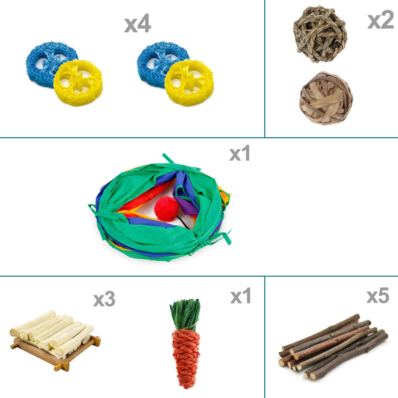 Rabbit Toys, Large Bunny Hideout Tunnel and Tube with Chew Toys for Grinding Teeth Apple Sticks Bamboo Carrot Loofah and Grass Ball for Rabbit Guinea Pig Chinchilla Ferret Rat - PawsPlanet Australia