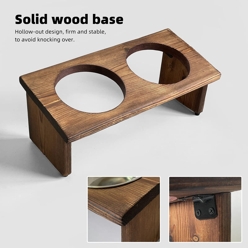 Raised Tilted Cat Bowl, Elevated Slanted Feeding Bowl for Cat and Dogs, Pet Food and Water Bowl with Adjustable Wooden Stand, Anti Slip Dog Cat Feeder with 2 Stainless Steel Bowls - PawsPlanet Australia