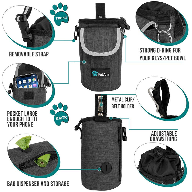 [Australia] - PetAmi Dog Treat Pouch with Large Front Pocket | Dog Training Pouch Bag with Waist Shoulder Strap, Poop Bag Dispenser, Collapsible Bowl | Training Bag for Kibbles, Pet Toys | 3 Ways to Wear Charcoal 