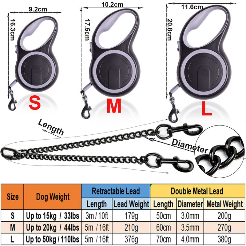 Fiyade Retractable Dog Lead for Large Medium Small Dogs, Double Retractable Dog Leash with 2 Dogs Chain Lead, Double Dog Ended Lead Extendable Dog Lead 3m + Metal Double Lead 50cm-S S-3m+50m - PawsPlanet Australia