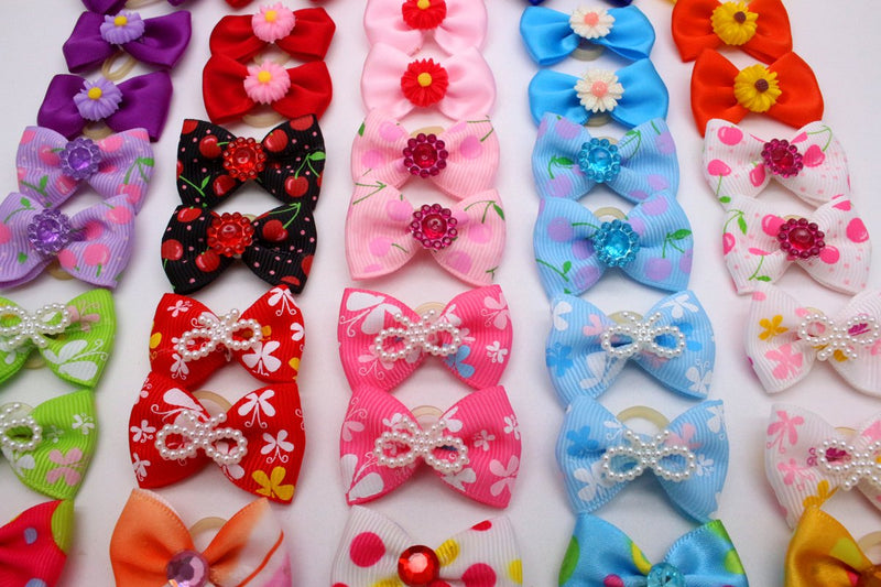 HOLLIHI 50pcs / 25 Pairs Adorable Grosgrain Ribbon Pet Dog Hair Bows with Rubber Bands - Puppy Topknot Cat Kitty Doggy Grooming Hair Accessories Bow knots Headdress Flowers Set for Groomer - PawsPlanet Australia