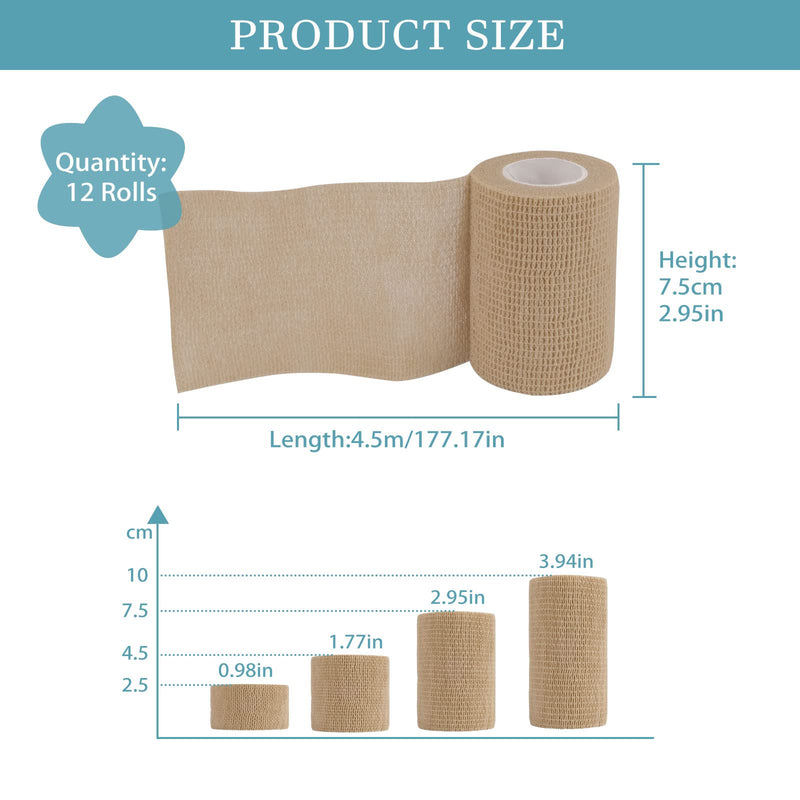 WUGU 12 rolls of self-adhesive bandage, 7.5 cm x 4.5 m adhesive bandage, elastic self-adhesive bandage, cohesive bandage, suitable for stretch athletes, wrist, feet, finger plasters, 12 pieces - PawsPlanet Australia