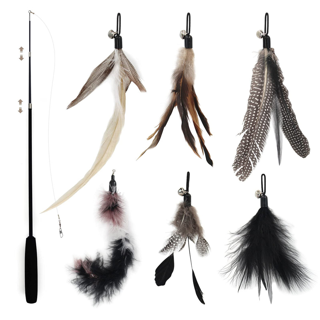 SONGWAY Interactive Cat Toy Feather - Cat Toy Set with Retractable Rods, Feather Rod Cat Toy with 6 Replacement Feathers with Bells, Feather Fishing Rod Cats, Black - PawsPlanet Australia