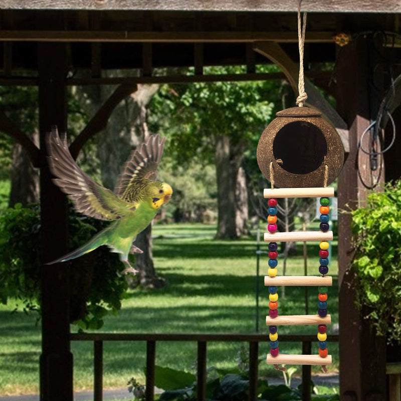 Hanging Coconut Bird House with Ladder,Natural Coconut Fiber Shell Bird Nest for Parrot Parakeet Lovebird Finch Canary,Coconut Hide Bird Swing Toys for Hamster,Bird Cage Accessories,Pet Bird Supplies - PawsPlanet Australia