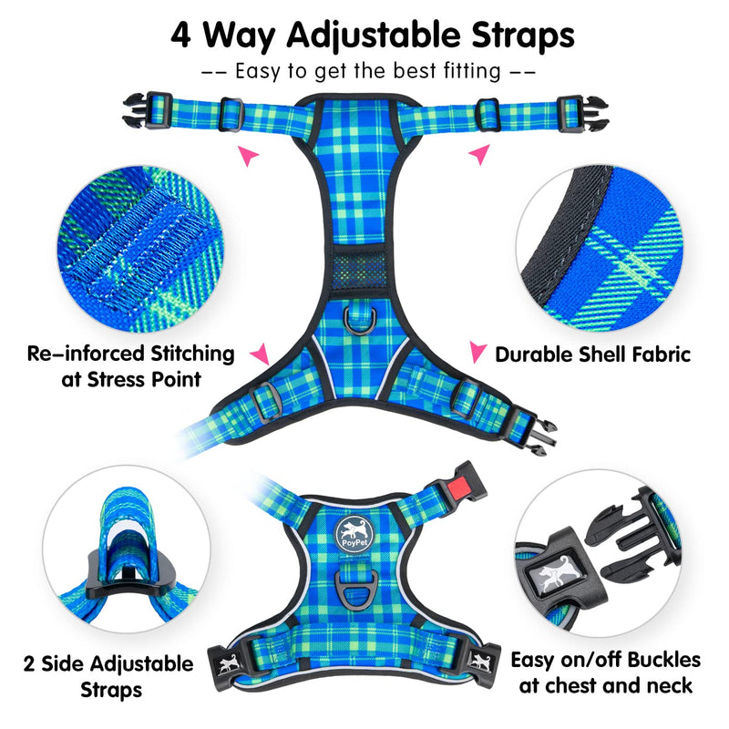 PoyPet No Pull Dog Harness, [Release on Neck] Reflective Adjustable No Choke Pet Vest with Front & Back 2 Leash Attachments, Soft Control Training Handle for Small Dogs(Checkered Blue & Green,XS) XS (Pack of 1) Checkered Blue & Green - PawsPlanet Australia