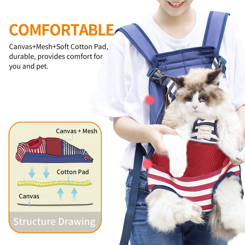 Legs Out Front Pet Dog Carrier Front Chest Backpack, Adjustable Hands-Free Backpack Travel Bag for Small Medium Dog Puppy Cat Outdoor, Shoulder Strap Padded Leg Spacing 21 CM x Length 40 CM RedBlue-Stripe - PawsPlanet Australia