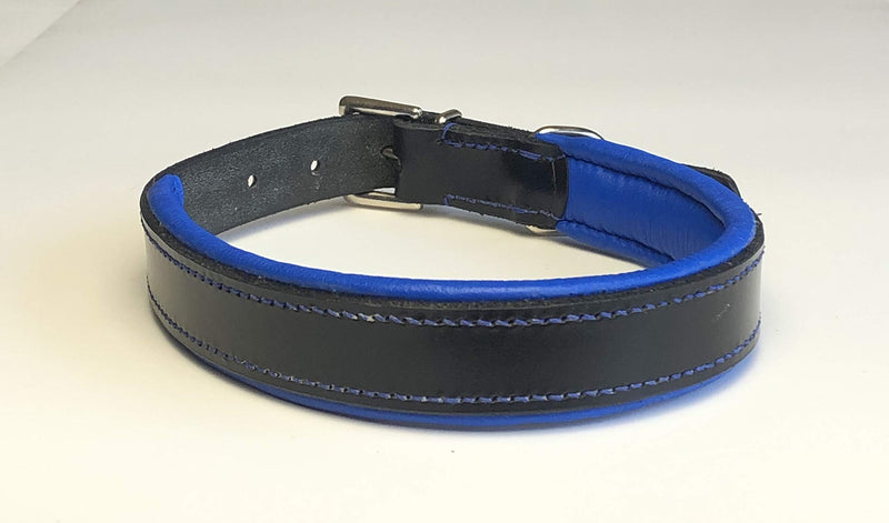 KLASSY K9 SEDGWICK BRIDLE LEATHER PADDED DOG COLLAR IN BLACK WITH BLUE LEATHER PADDING LARGE 19”-23” 48CM-58CM WITH CHROME ACCESSORIES - PawsPlanet Australia