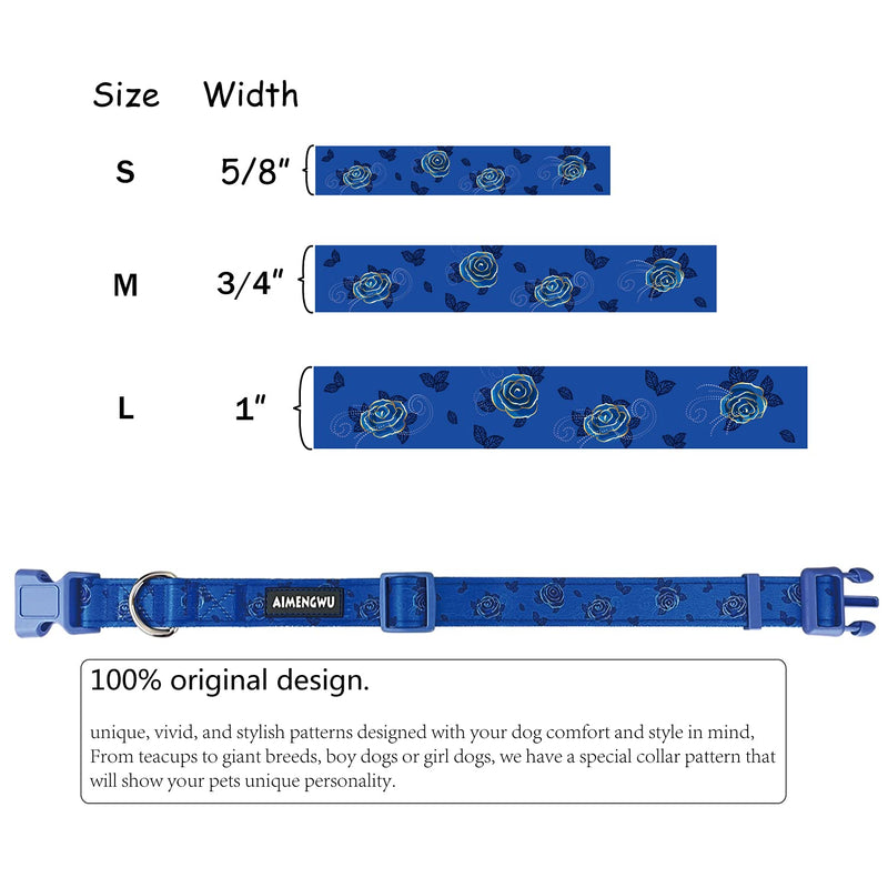 AIMENGWU Dog Collar Floral Nylon Adjustable Large Medium Small Different Sizes Flower Series S Blue Rose with Leaves - Blue - PawsPlanet Australia