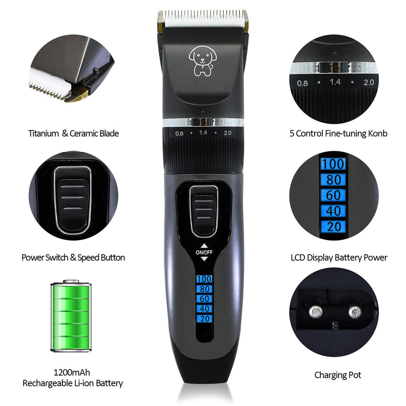 MIAZA Dog Clippers, 1200mAh LCD Display Dog Grooming Clippers with 1 Narrow & 2 Wide Blades, Low Noise Pet Clippers for Cats Dogs Horses Rabbits,Trimming Dog's Paws, Eyes, Ears, Face, Rump - PawsPlanet Australia