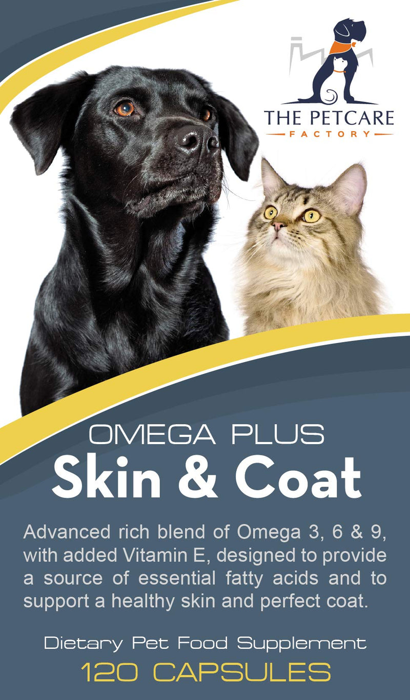 The Petcare Factory Omega Plus Skin & Coat Supplement For Dogs and Cats, Triple Action Omega 3, 6 & 9 With Added Vitamin E, 120 Softgel Capsules 1000mg, Human Grade Ingredients, UK Manufactured - PawsPlanet Australia