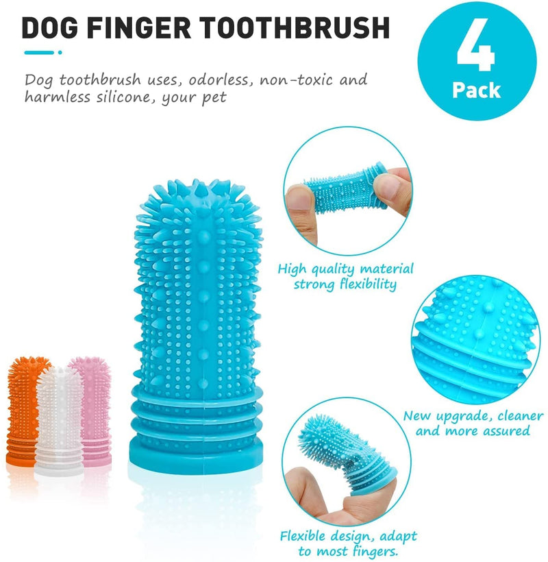 Coomazy Upgraded Dog Toothbrush, 4pcs 360° Full-Surrounded Bristles Dog Finger Toothbrush for Dogs Teeth Plaque, Food-Grade Silicone Pet Teeth Cleaning Breath Dental Care, Easy Pet Teeth Cleaning Kit - PawsPlanet Australia