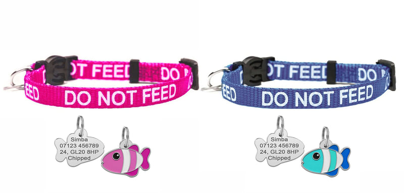 Do Not Feed Cat Collar with Personalised Engraved Fish Shaped ID Pet Tag (Blue) Blue - PawsPlanet Australia