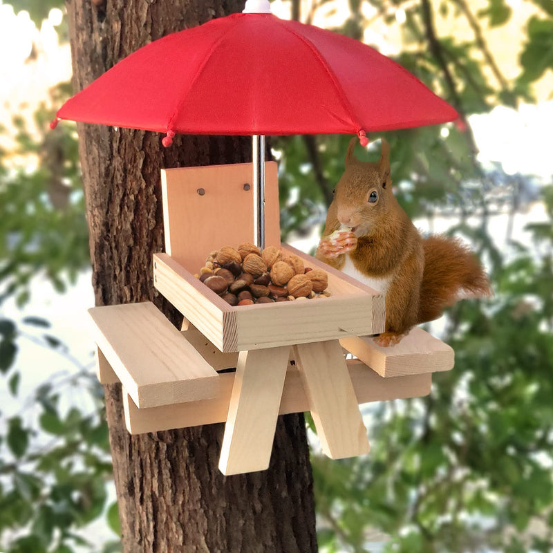 Squirrel Feeder, Wooden Squirrel Picnic Table with Umbrella and Corn Cob Holder, Outdoor Squirrel Care Bench Feeder for Garden - PawsPlanet Australia